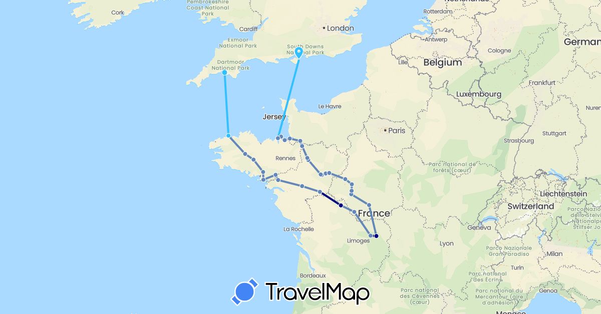TravelMap itinerary: driving, cycling, boat in France, United Kingdom (Europe)